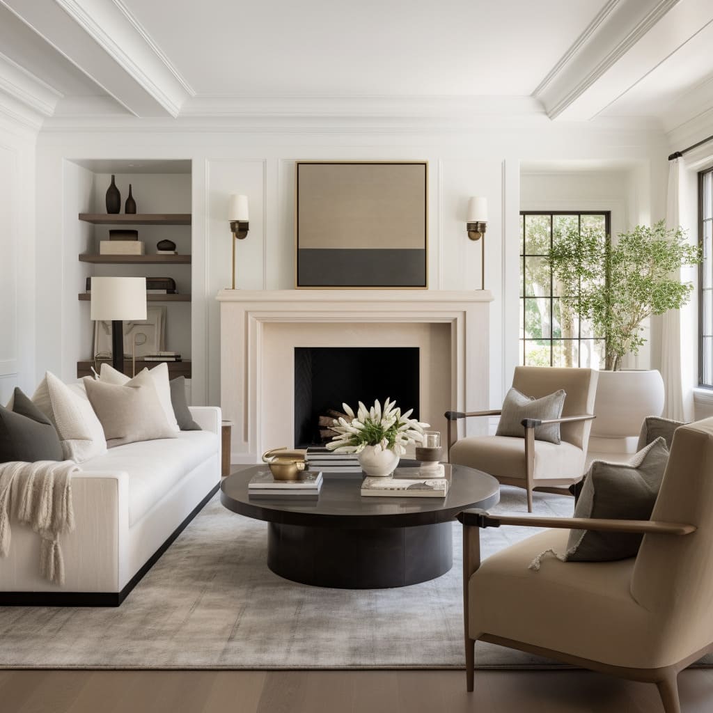 A spacious living room features a transitional sofa, marrying comfort with contemporary classical elegance.