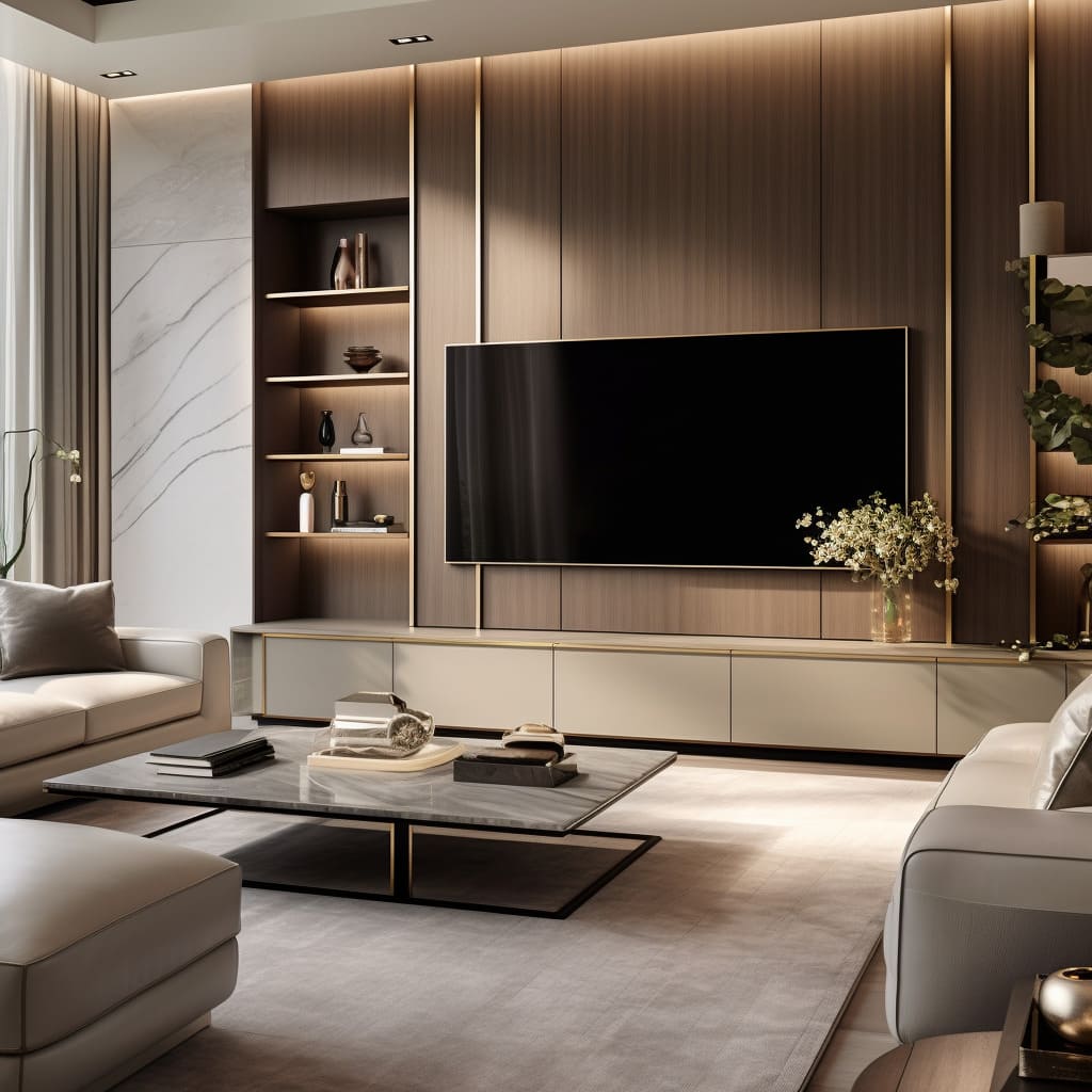A spacious living room features a wall-mounted TV surrounded by chic, contemporary furniture.