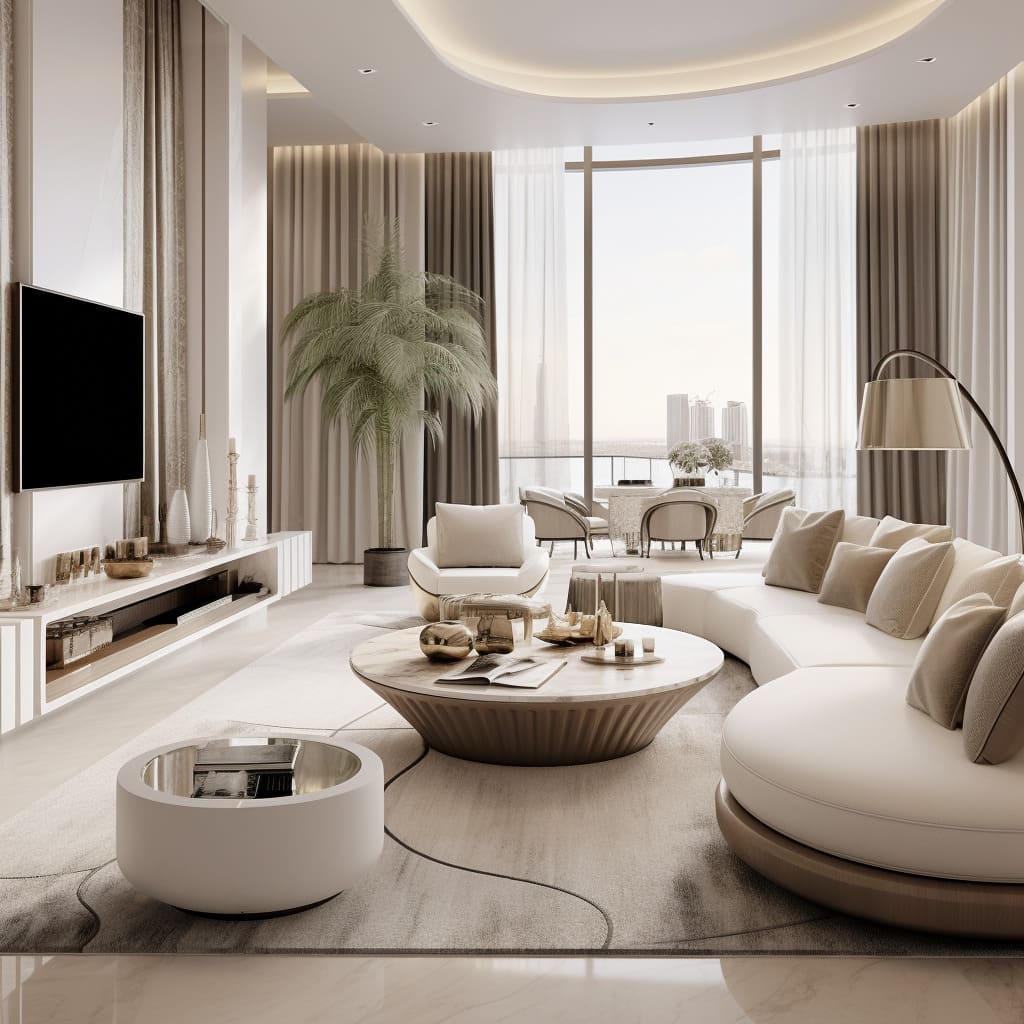 A spacious living room shines in luxury minimalist design, featuring a sleek, backlit TV wall.