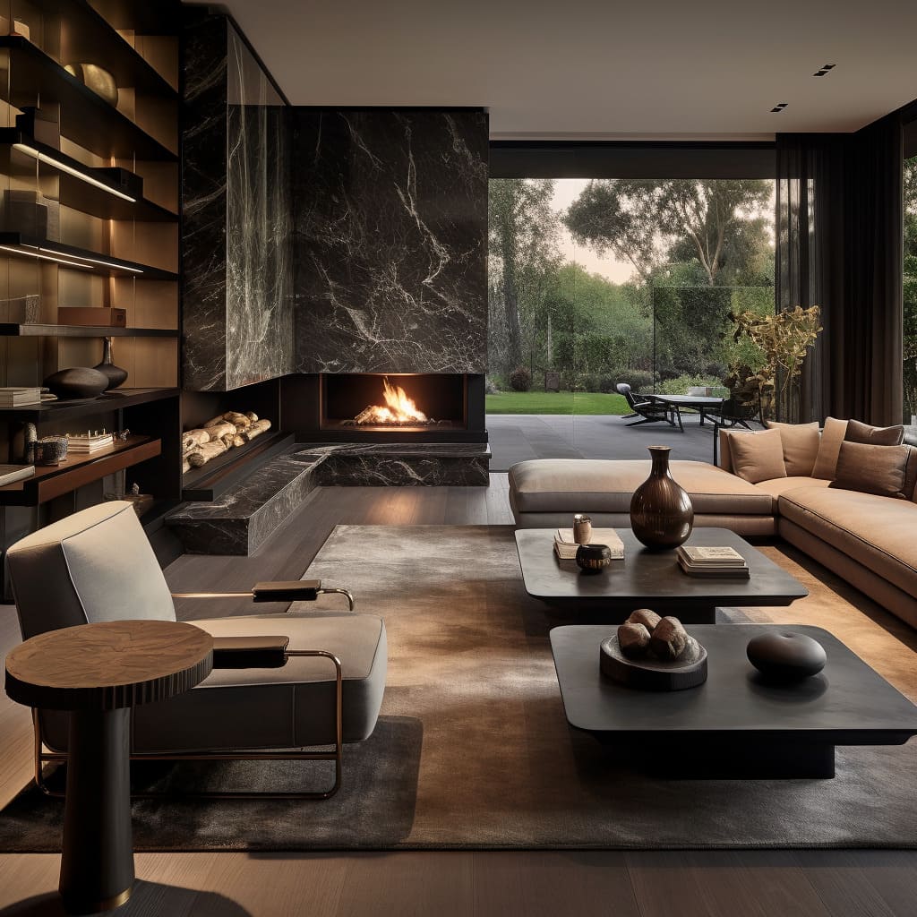 A spacious house with a sectional sofa, a contemporary fireplace, and a statement light fixture.