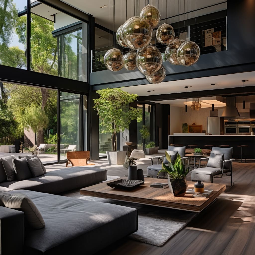A spacious living room with floor-to-ceiling recycled windows offers an unobstructed view of LA's natural beauty.
