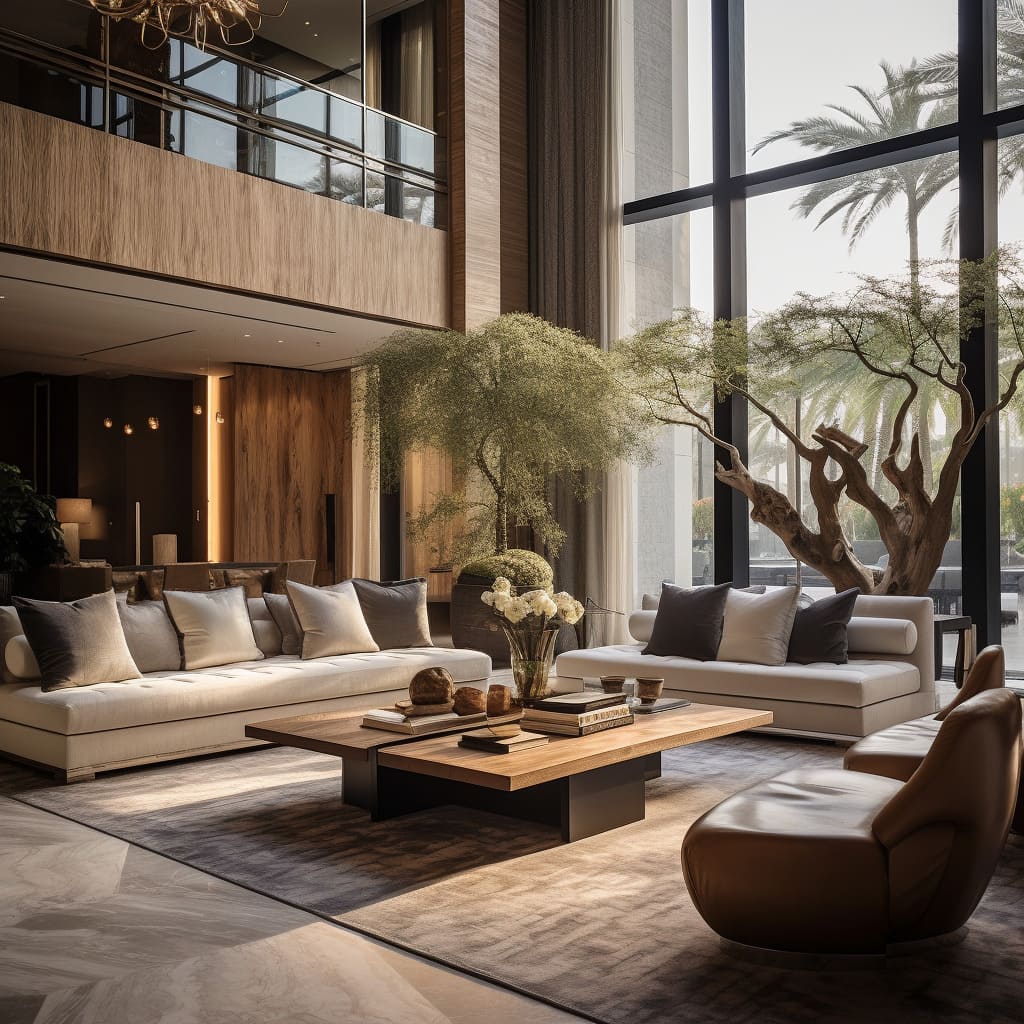 A spacious marble floor underlines the sleek interior design of this contemporary living room.