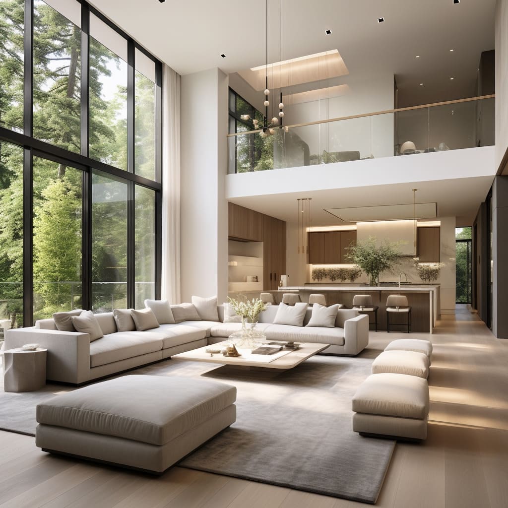 A spacious, open-plan interior design characterizes this modern living room, complete with light-colored furnishings.