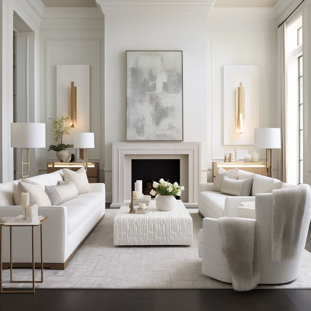 A spacious white sofa adds comfort and style to this contemporary classic living room.