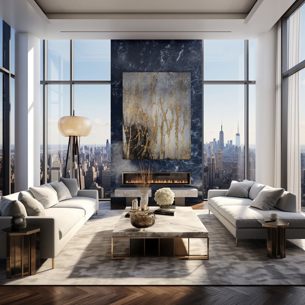 A statement chandelier in the large living room complements the penthouse's grandeur and style.