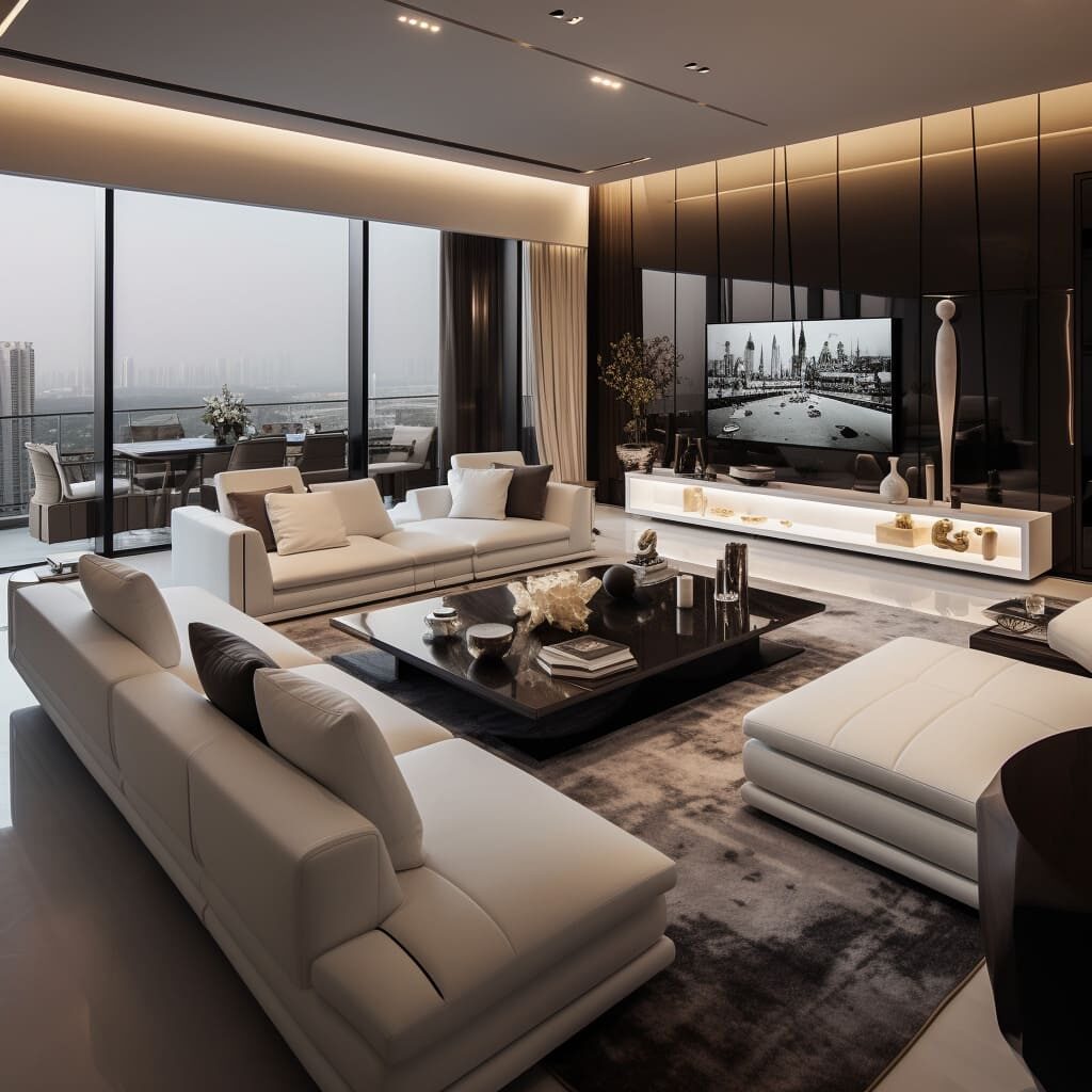 A striking sofa adds a touch of modern sophistication to the apartment's living room design.