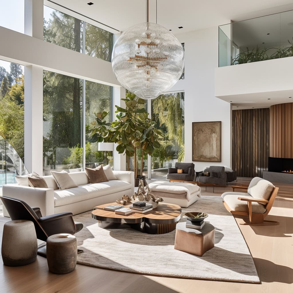 A stunning open space villa in Los Angeles features a living room with seating made from natural, renewable resources.
