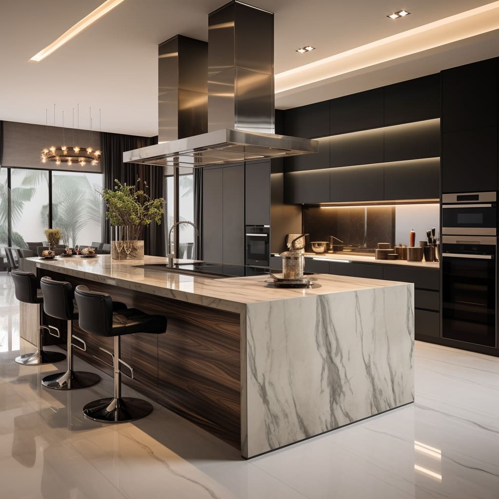 A stunning white marble island is the focal point of this modern kitchen's interior design.