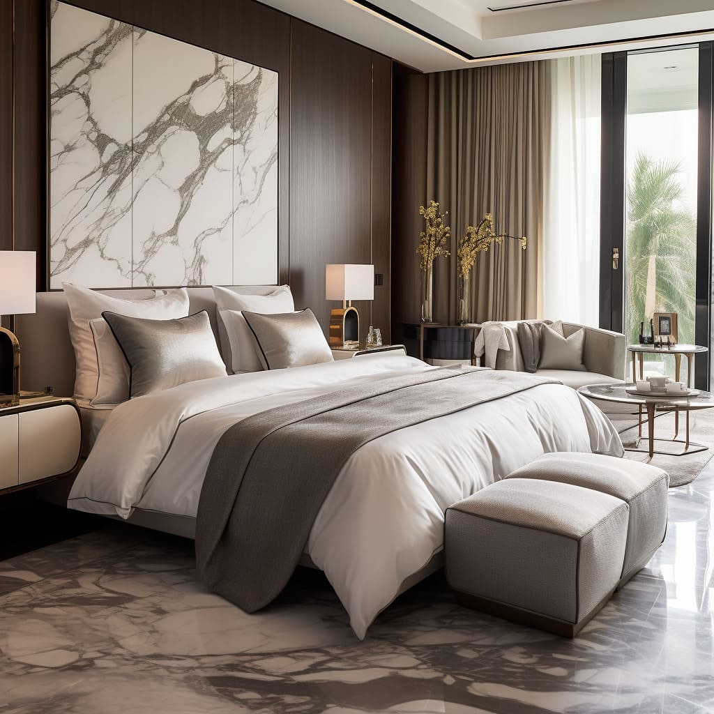 A symphony of textures, from the fabric of the bedspread to the marble headboard, defines this bedroom.