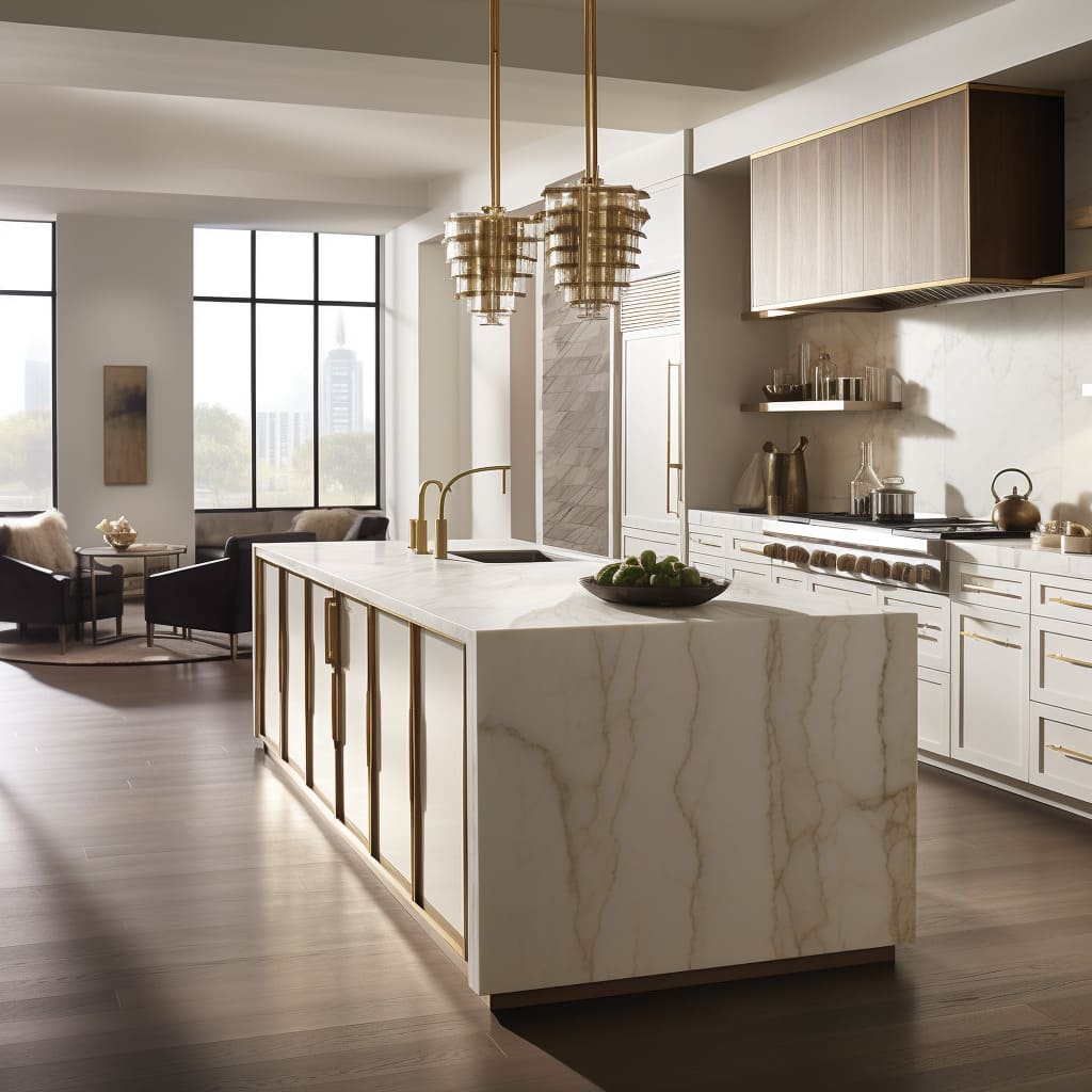 A transitional kitchen showcases gleaming brushed gold hardware against classic white cabinetry for a timeless yet modern appeal.