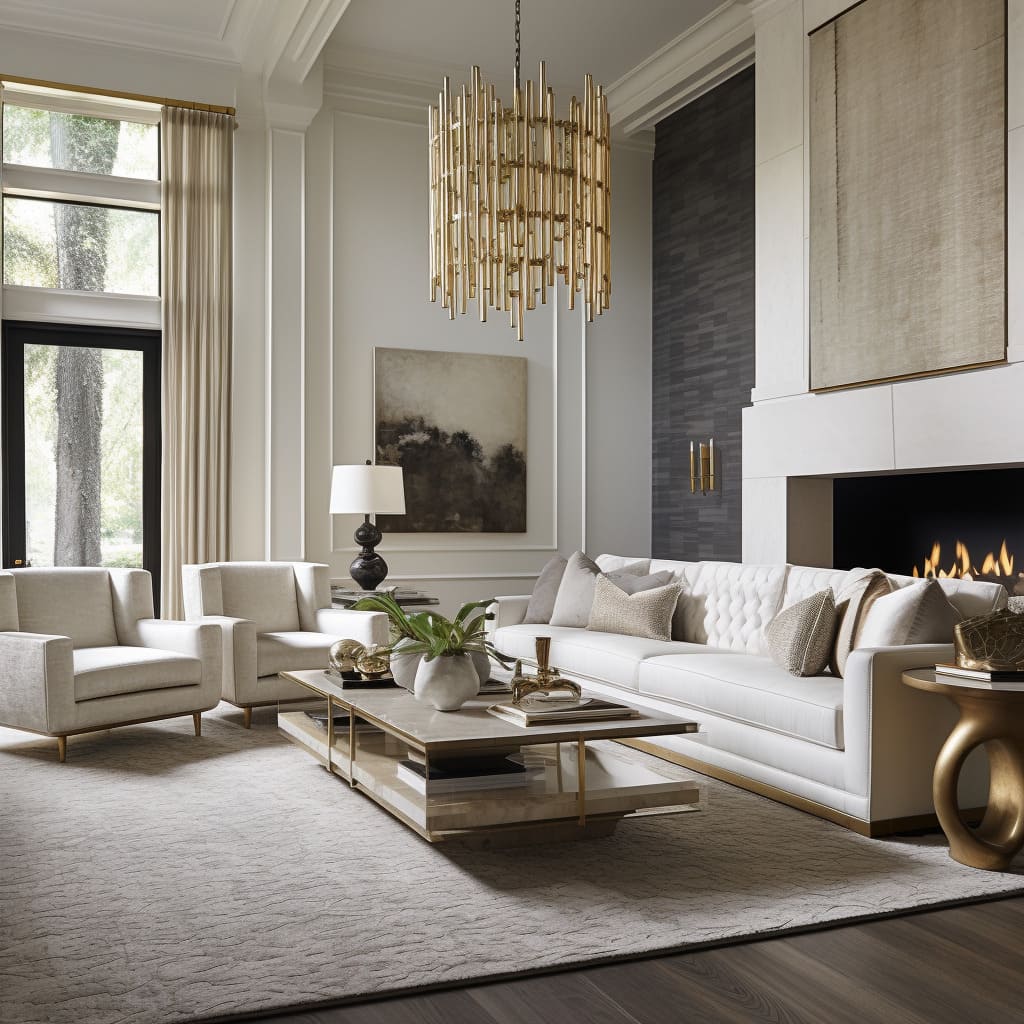 A white, luxurious sofa is the centerpiece of this home's modern classic living room.
