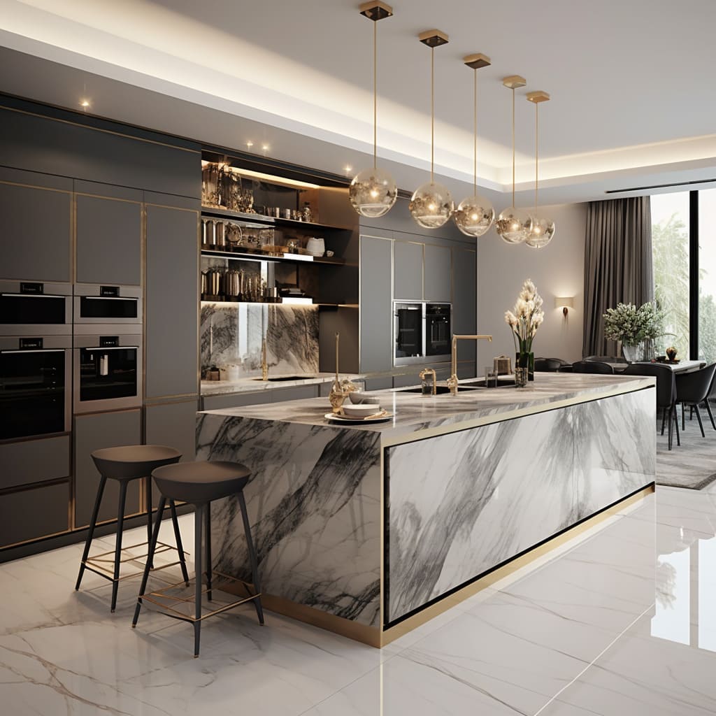 A white marble island stands out in this contemporary kitchen, enhancing its luxurious feel.