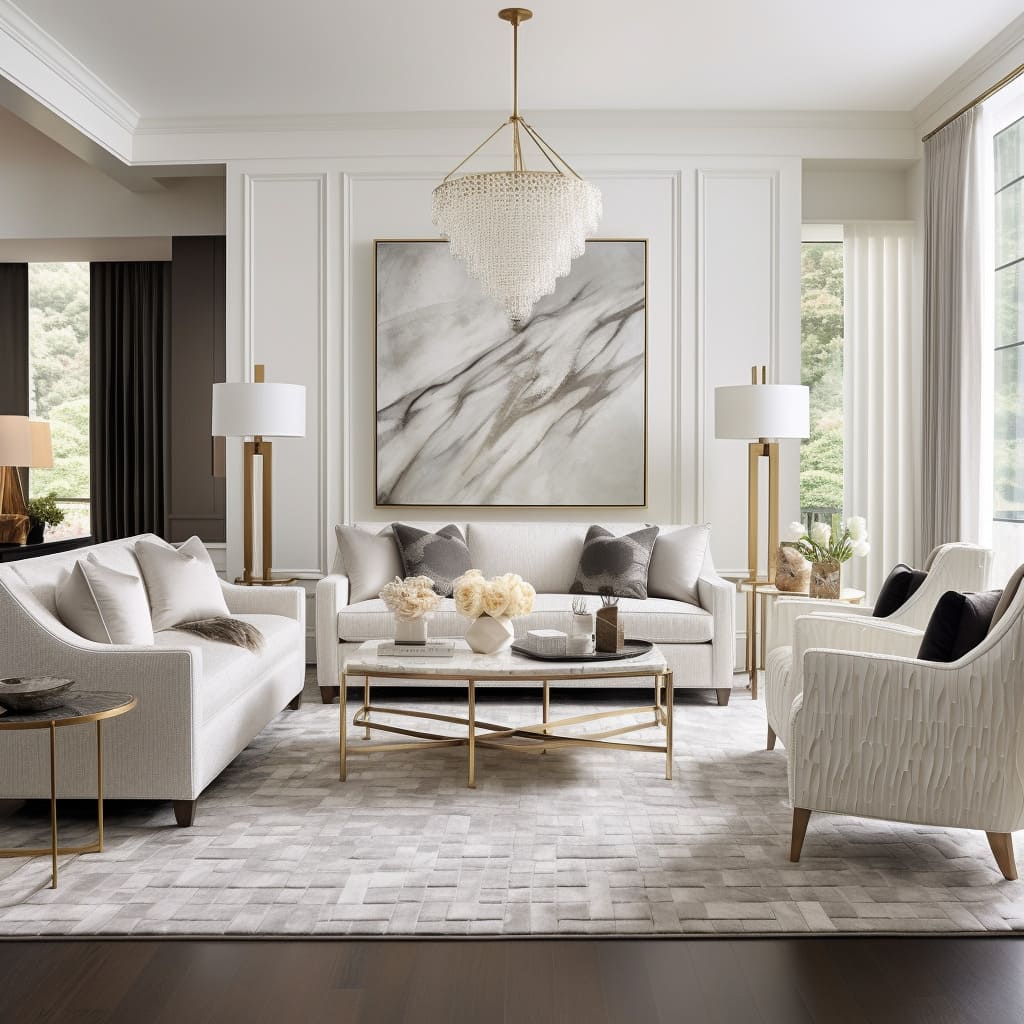 A white, sleek sofa takes center stage in this contemporary classic living room.