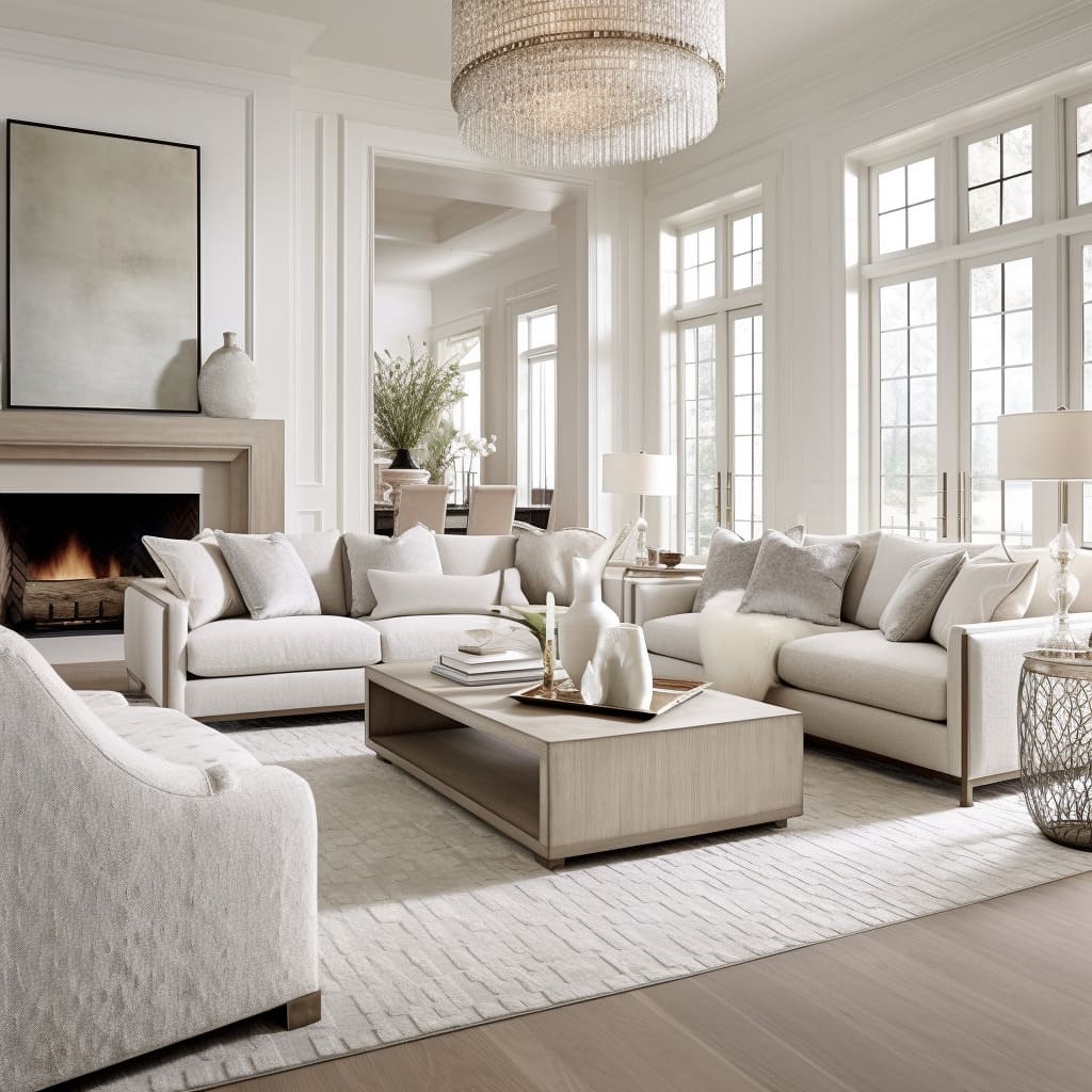A white sofa set complements the classical beauty of this modern living room.