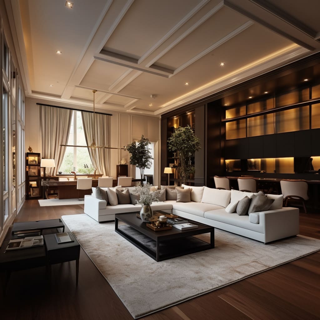 American elegance is evident in the living room's luxurious sofa and sophisticated accents.