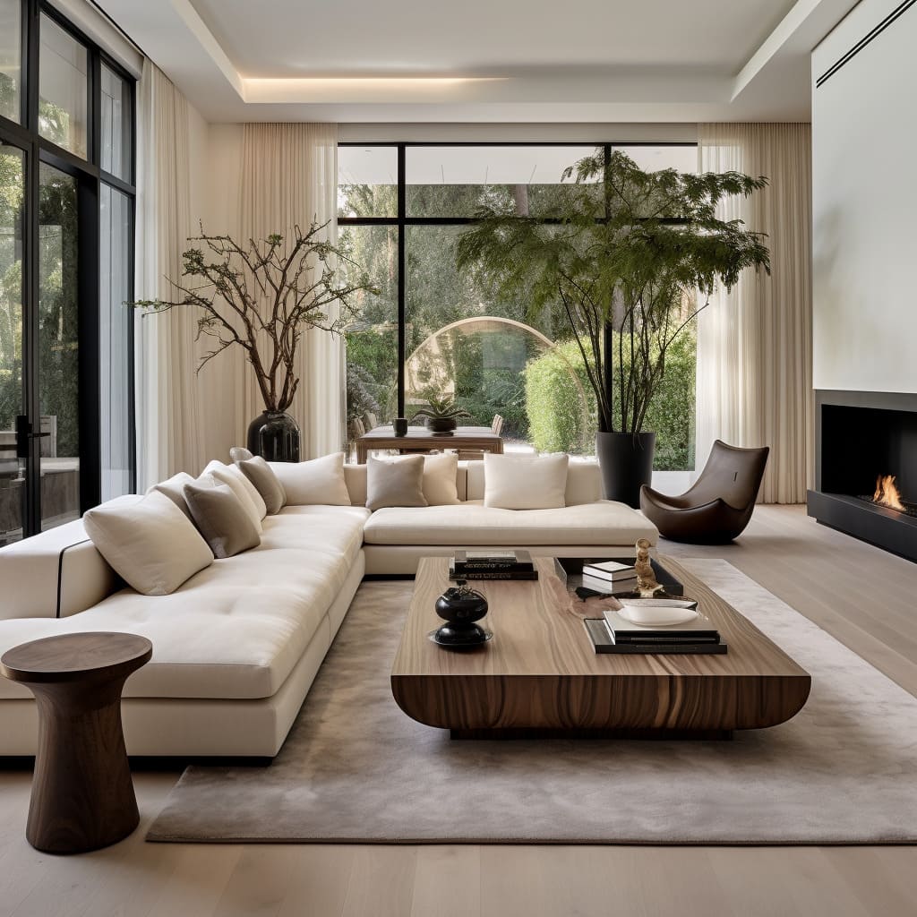 American minimalism shines in this living room with its white walls and contemporary sofa.