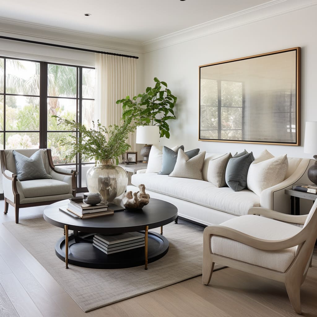 An American style coffee table serves as the centerpiece in this spacious living room.