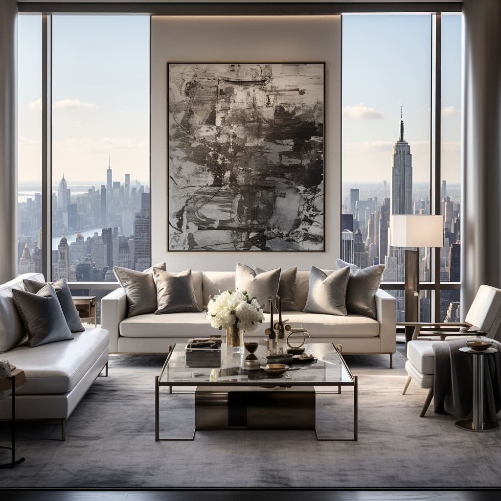 An artfully designed living room features bespoke furniture that reflects the apartment's unique style.