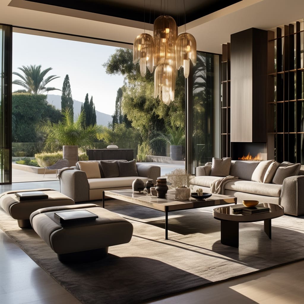 An elegant interior design in a living room boasting a modern sectional sofa and sleek metal accents.
