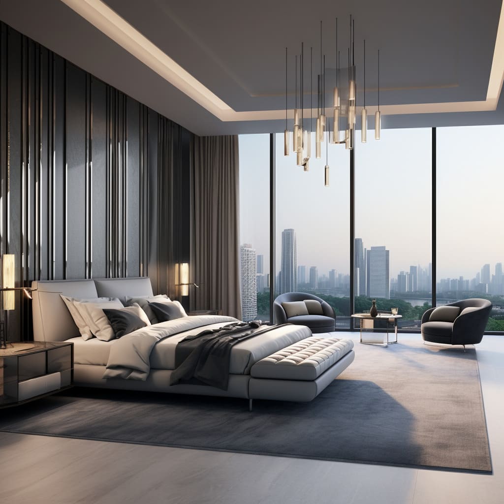 An expansive bedroom reflects modern luxury with its harmonious interior design and muted tones.