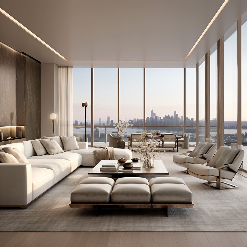 An expansive living room in this large apartment showcases a sleek interior design with modern furnishings.