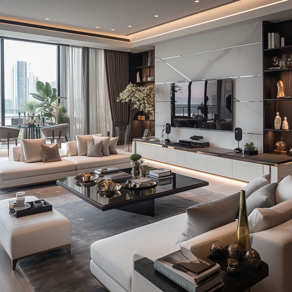 An inviting L-shaped sofa anchors this penthouse's spacious living room layout.