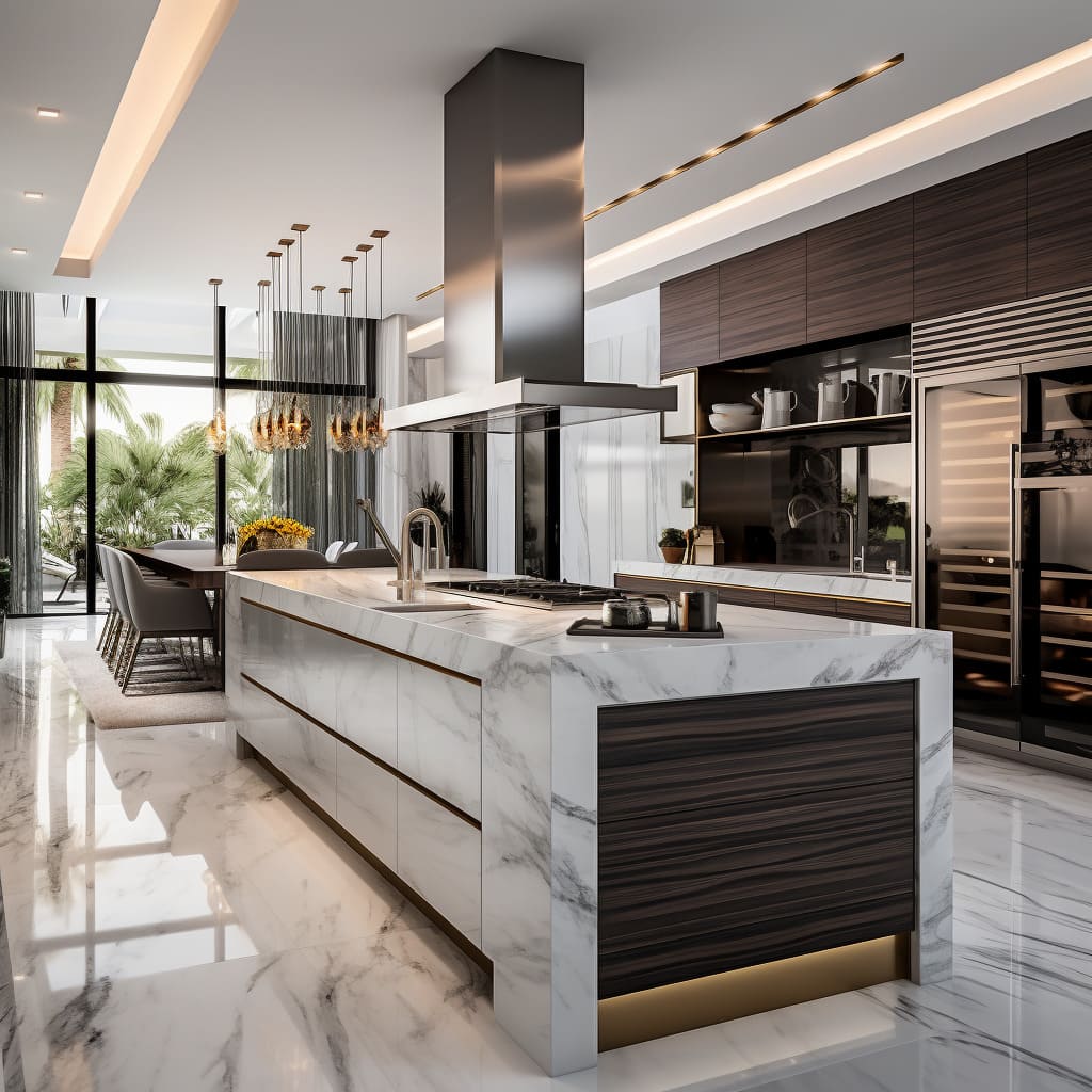 An island with a marble top is the centerpiece of this contemporary kitchen's design.