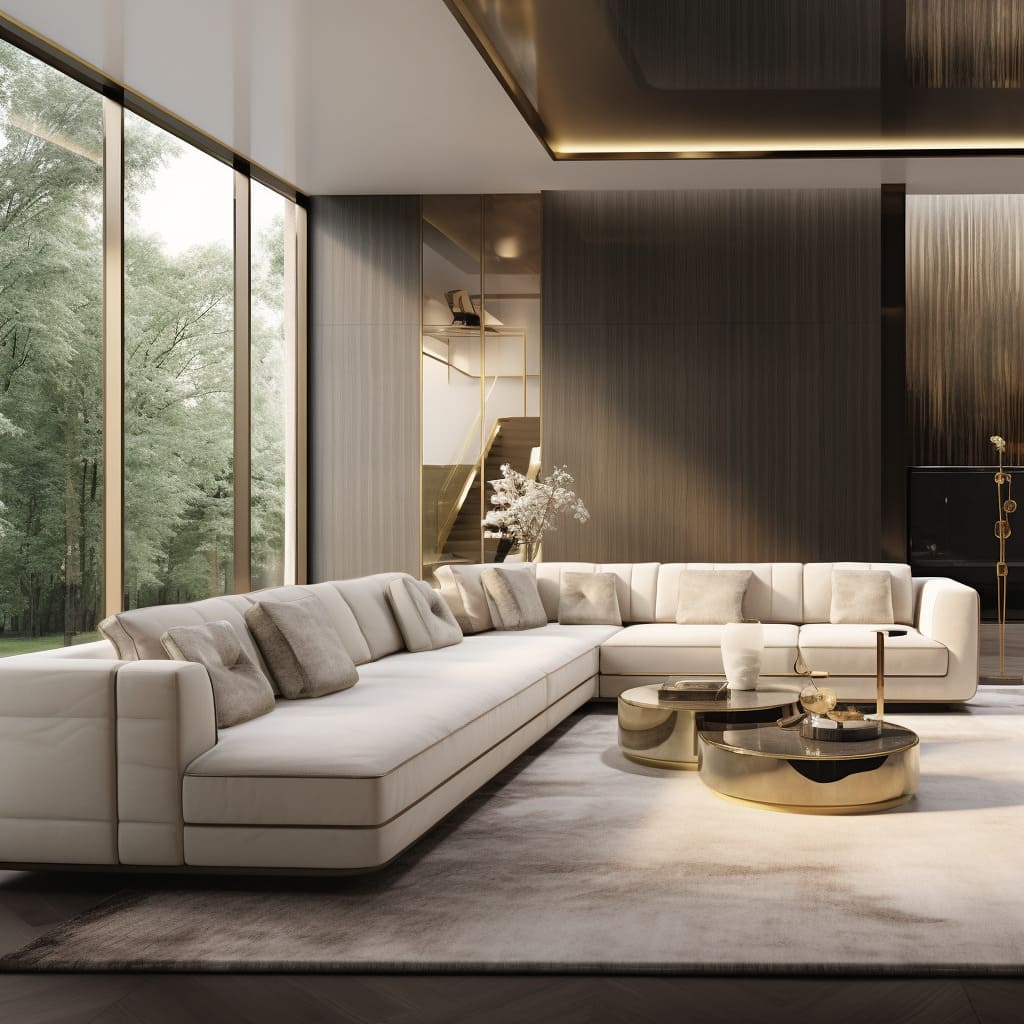 An off-white interior palette in the living room is elegantly uplifted by subtle copper and brass elements.
