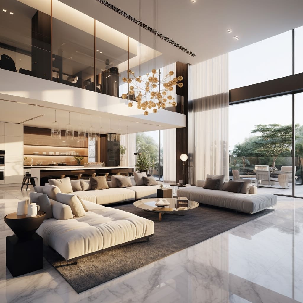 An off-white, spacious sofa in this living room provides a cozy yet modern feel.