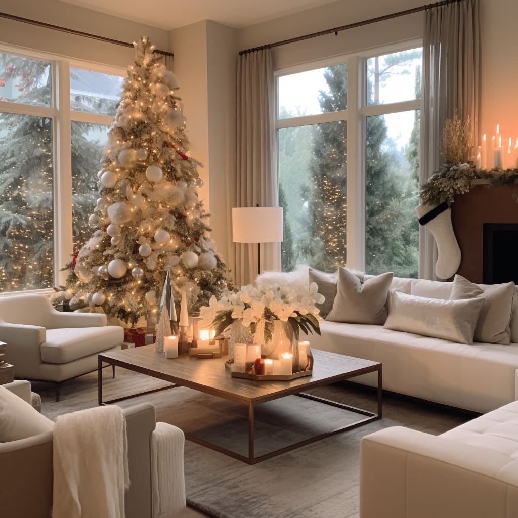 An old-fashioned Christmas tree, with handmade ornaments, adds charm to this living room's holiday decor.
