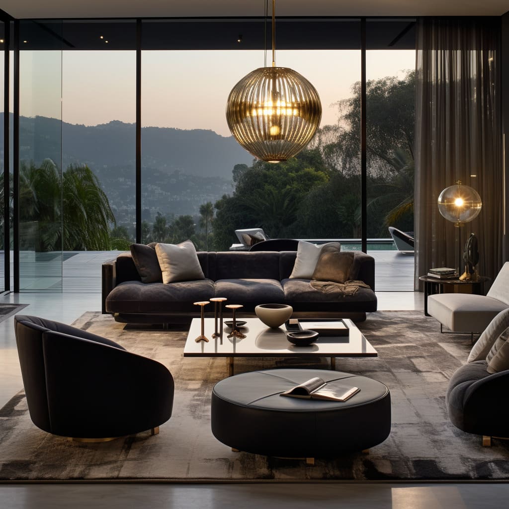 An ultra-modern living room with futuristic home furniture, clean lines, and a monochrome color scheme.