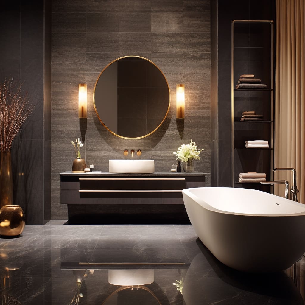 Bold marble tiles in this bathroom reflect the ambient lighting, adding a touch of drama to the luxury space.