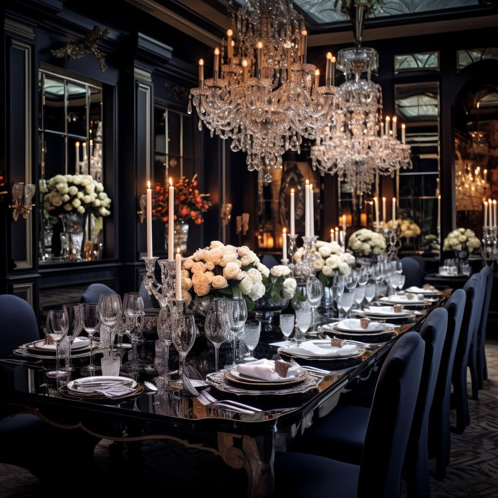 Bridal decor enhances the interior design of the wedding dining room.