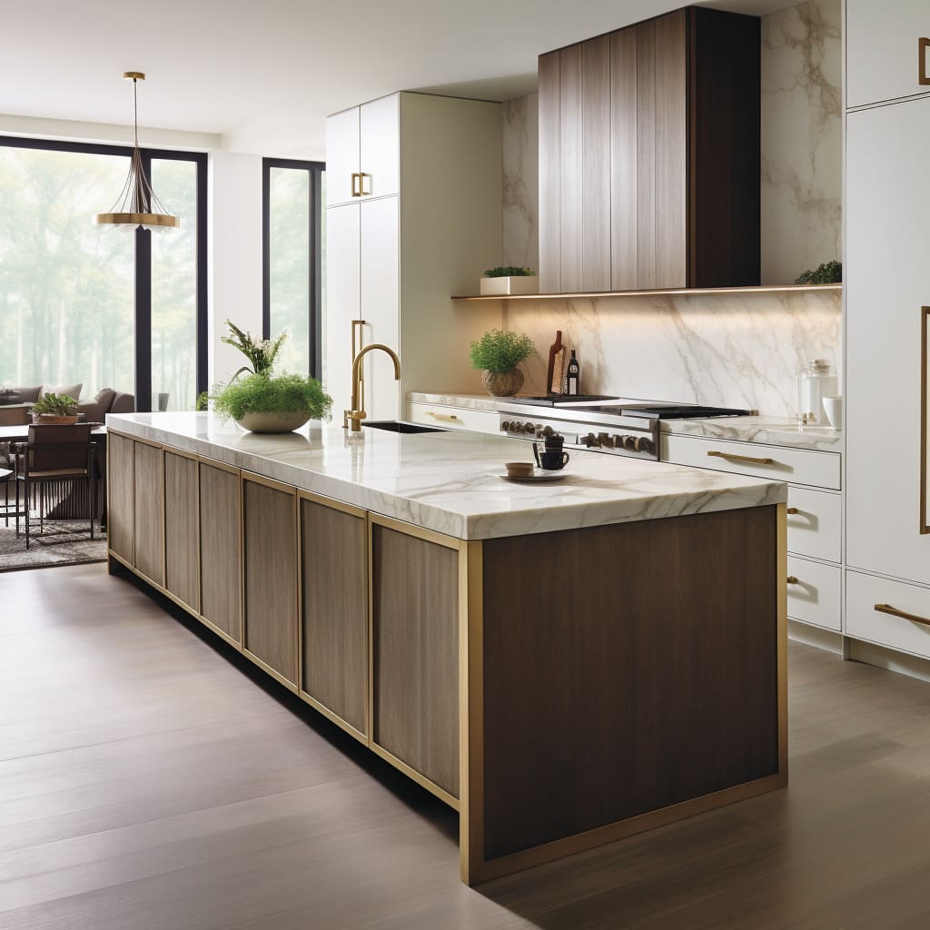 Brushed gold hardware adds a modern twist to classic cabinetry, blending eras with elegance.