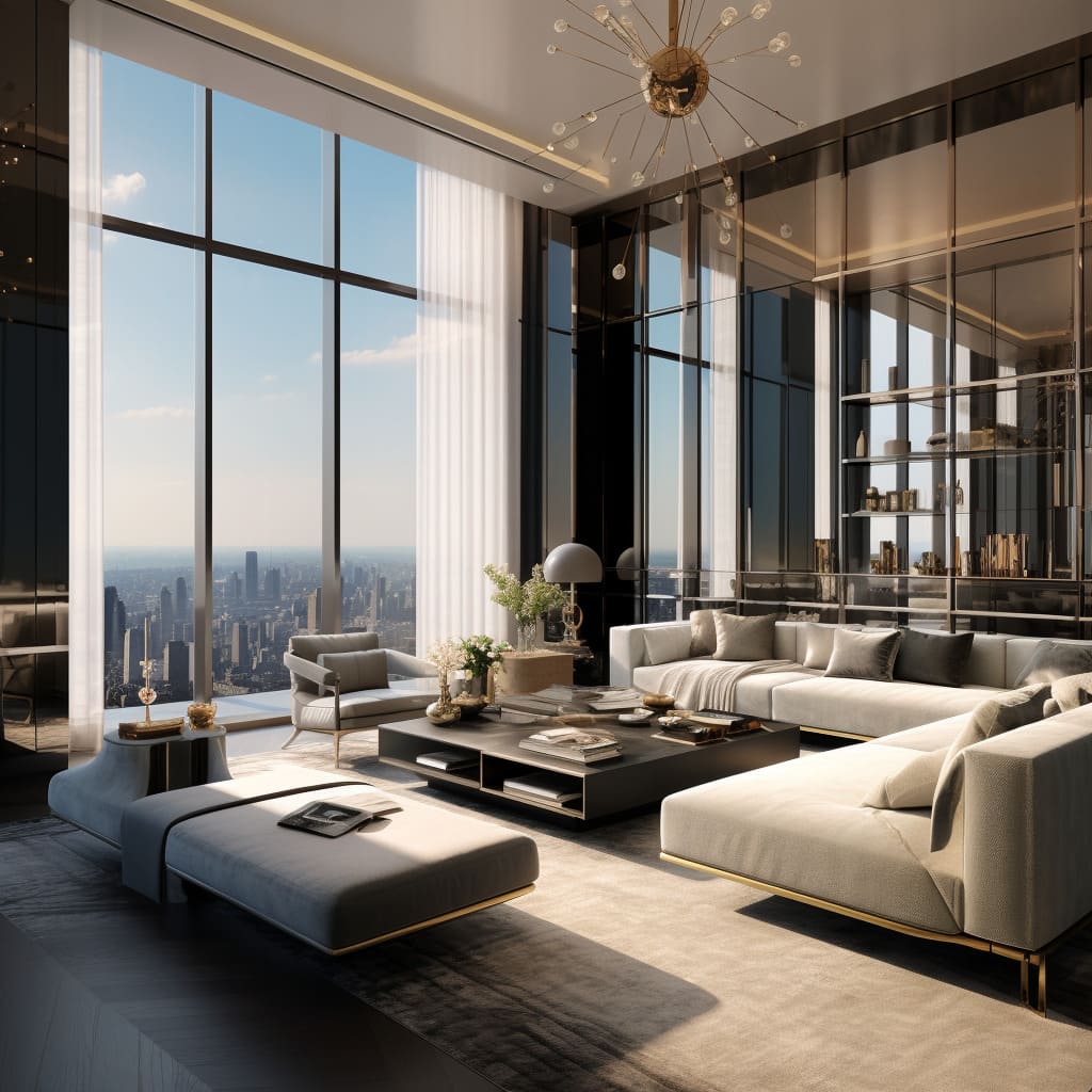 Chic decorations in the living room create a sense of luxury and exclusivity in the penthouse.
