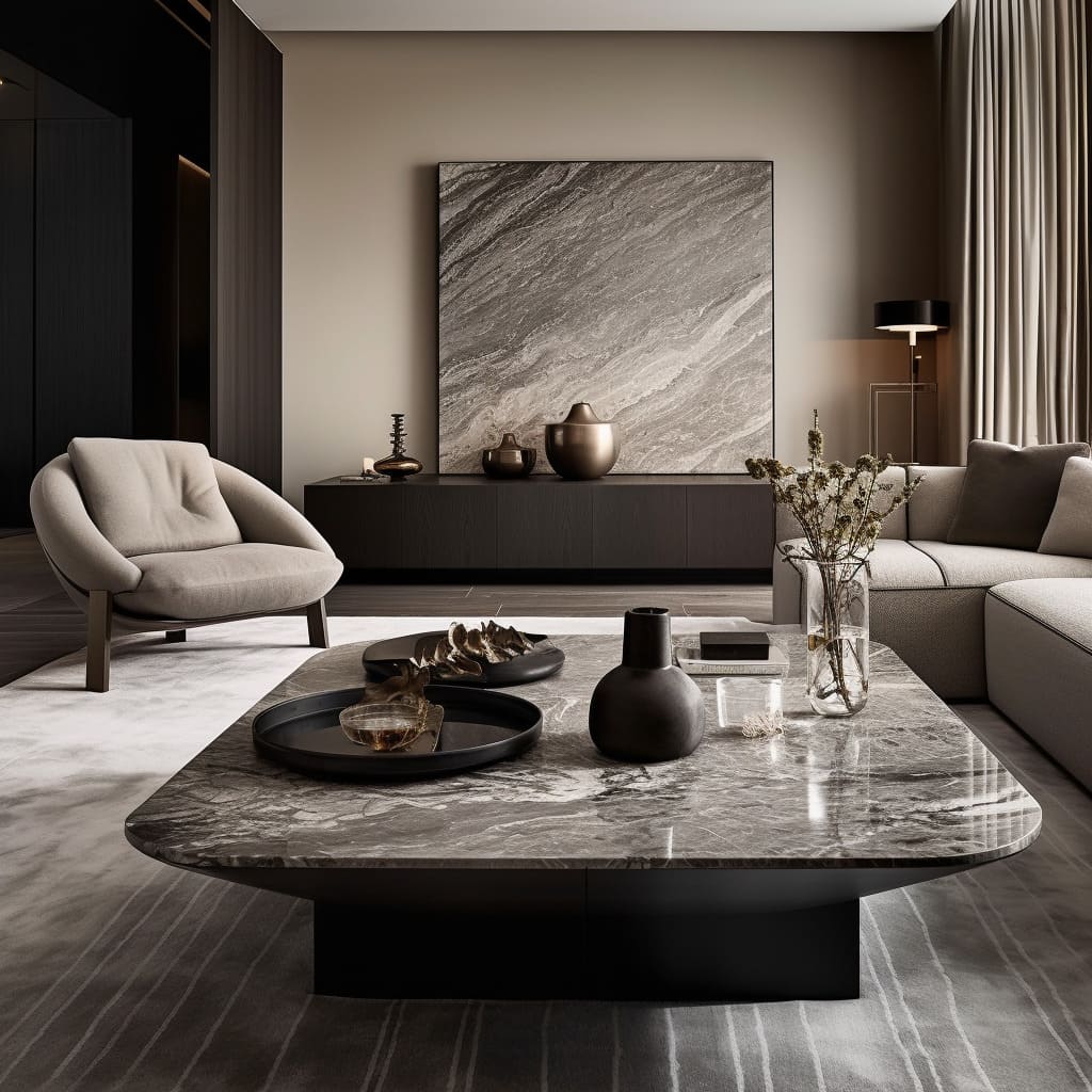 Chic interior design is defined by the contrast of modern sofas and a classic stone coffee table.