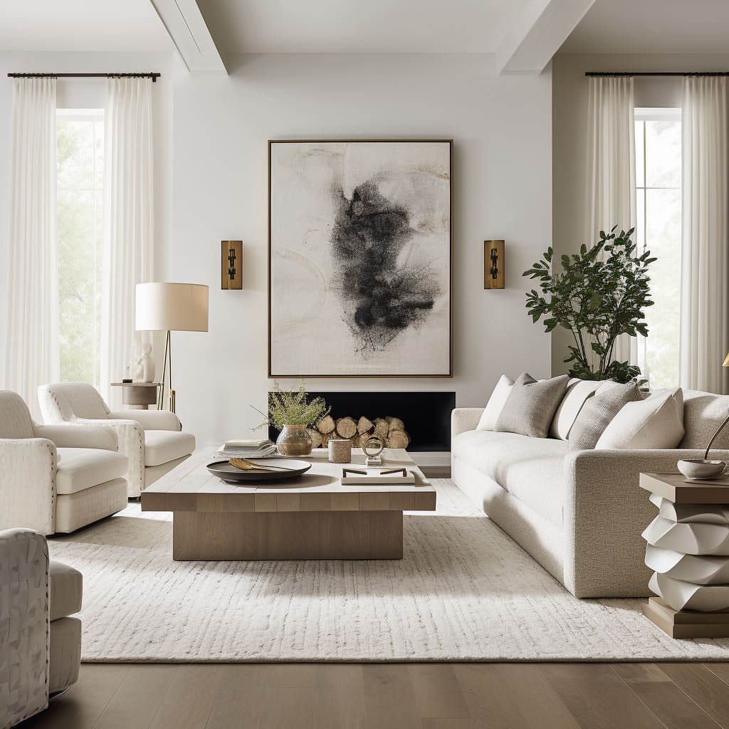 Classic white decoration elements bring a touch of elegance to the modern living room interior of this stylish house.
