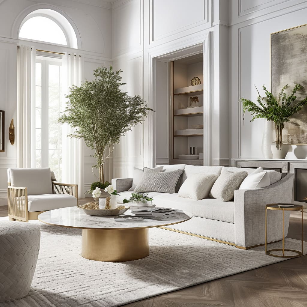 Classical beauty meets modern comfort in this white-themed living room.