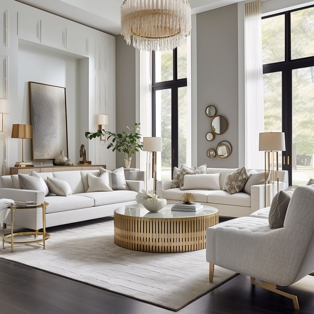 Classical elegance and white tones are seamlessly blended in this living room's decor.