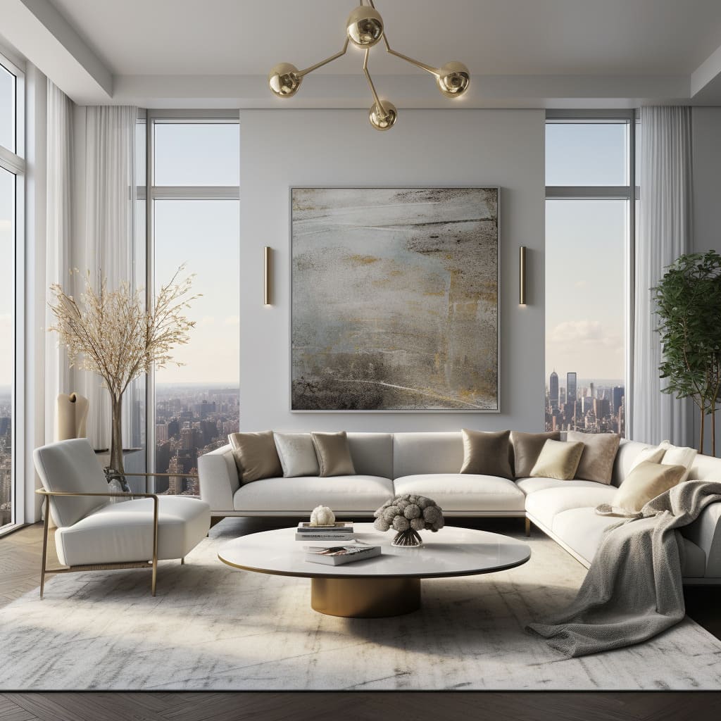 Clean lines and a neutral palette give the living room a serene, minimalist aesthetic.
