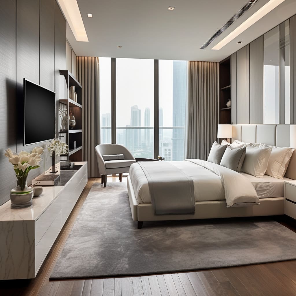Clean lines and neutral tones define the interior design of this contemporary master bedroom.