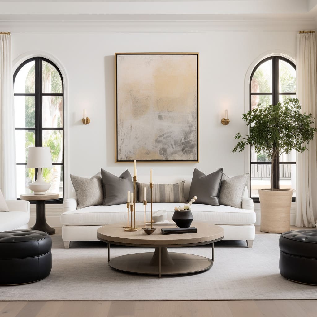 Clean lines and neutral tones define this house's living room, exemplifying a sleek, contemporary transitional style.