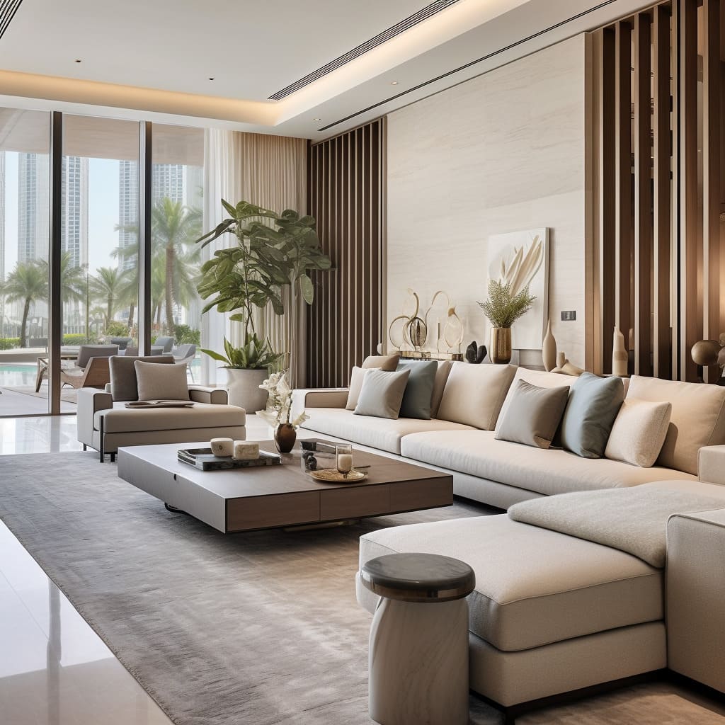 Contemporary and minimalist, this living room's interior design is effortlessly chic.