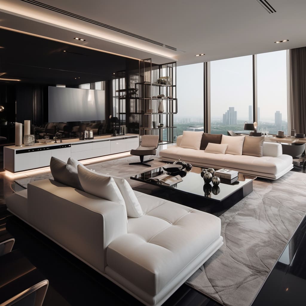 Contemporary art meets luxury in this penthouse living room, creating a sophisticated urban retreat.
