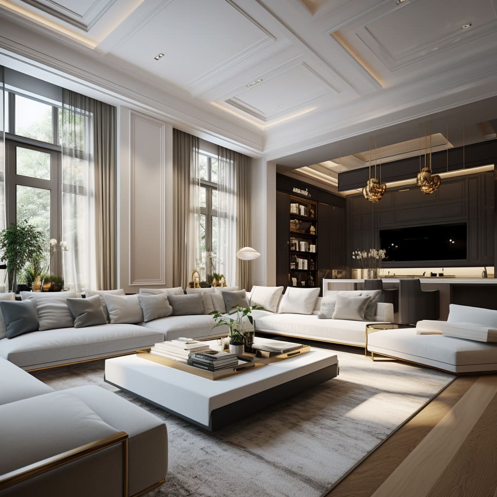 Contemporary furniture in the living room echoes the modern and elegant theme of the house.