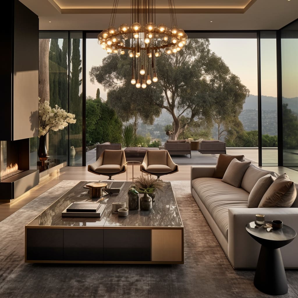 Contemporary home furniture, including a minimalist coffee table and comfortable seating, in a well-lit living room.