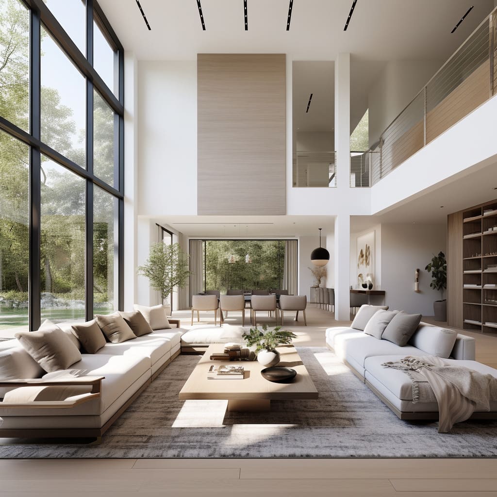 Contemporary interior design shines in this living room with its elegant wooden paneling and white walls.