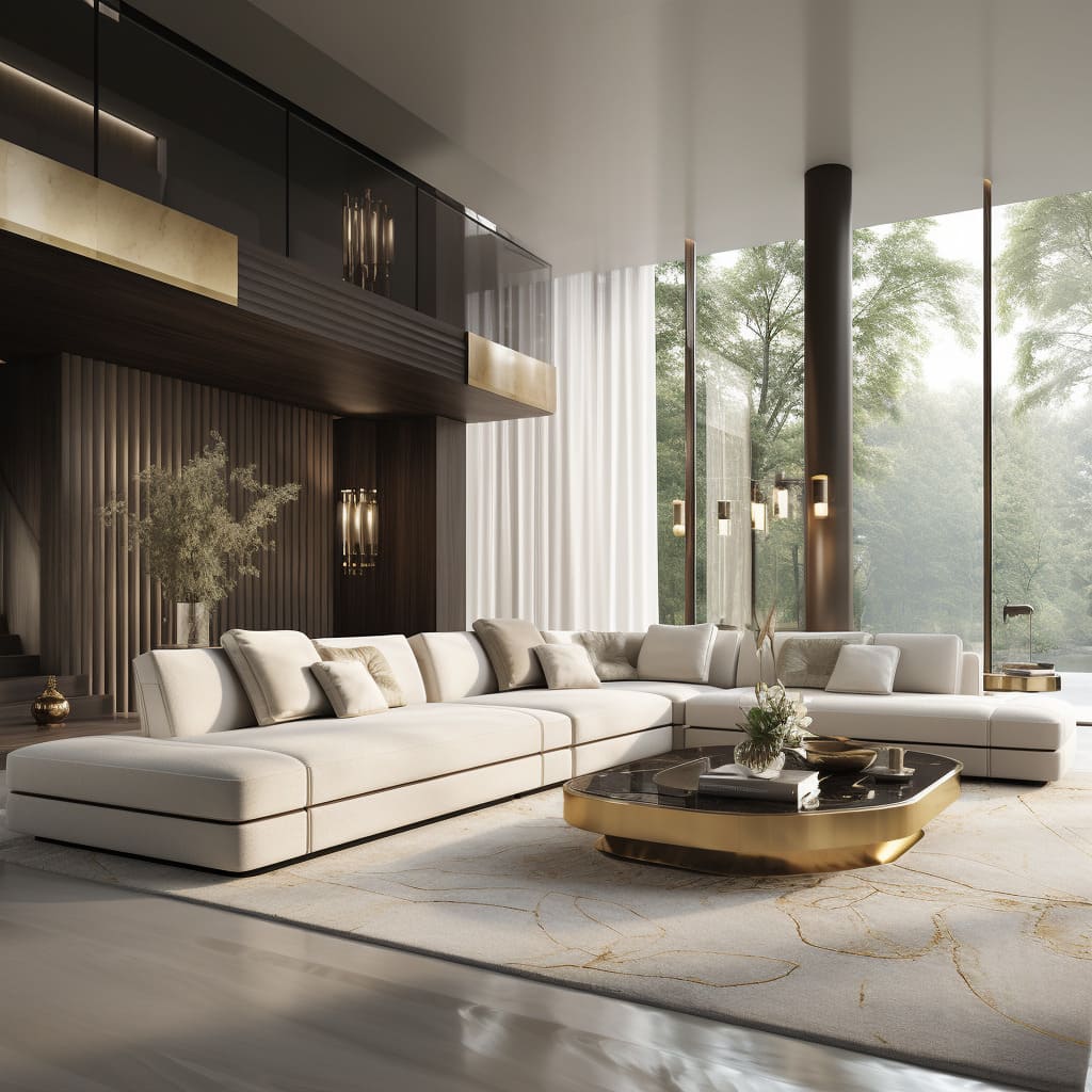 Contemporary luxury shines in this living room, where neutral tones meet sleek brass finishes for a modern feel.
