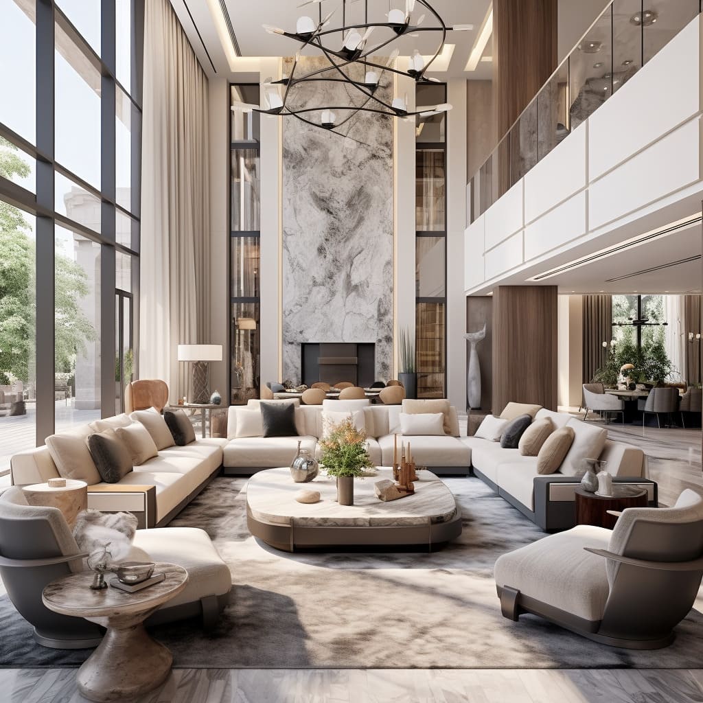 Cream-colored sofas serve as the heart of the living room, offering cozy seating.