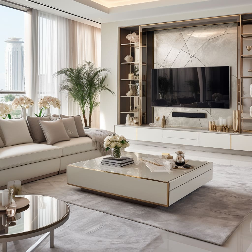 Cream tones in the living room's interior design evoke a sense of warmth and luxury in the apartment.
